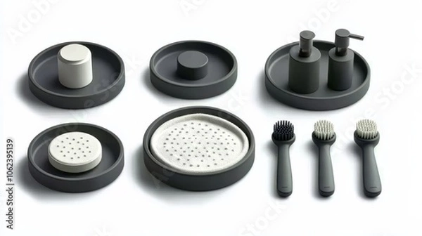 Obraz A set of minimalist bathroom accessories in black and white.