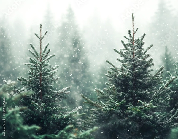 Fototapeta snow-covered pine trees in snowy winter forest. winter background. Christmas background. moody. atmospheric