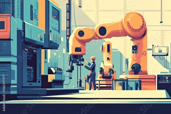 Fototapeta A factory worker overseeing a large industrial robotic arm, emphasizing the role of automation and AI in enhancing productivity in manufacturing environments..