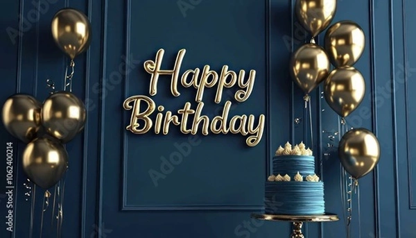 Fototapeta Glittery 3D "Happy Birthday" text on a dark blue wall, framed by metallic balloons and a tall cake in front.