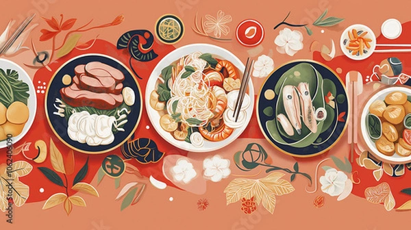 Fototapeta An array of Chae roast duck alongside colorful Khanom Chan is beautifully arranged, showcasing an inviting and festive atmosphere perfect for sharing during a special occasion