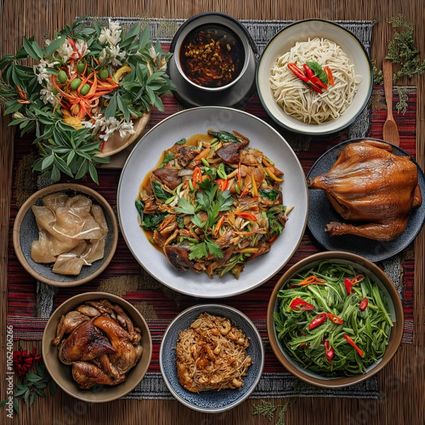 Fototapeta An inviting array of Thai cuisine highlights Chae Roast Duck alongside Khanom Chan, complemented by fresh herbs and colorful vegetables, served on a rustic table setting