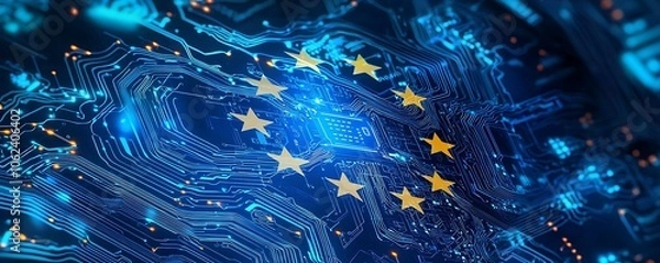 Fototapeta Conceptual illustration of AI Act, EU flag intertwined with circuit board patterns, symbolic representation of ethical AI governance.