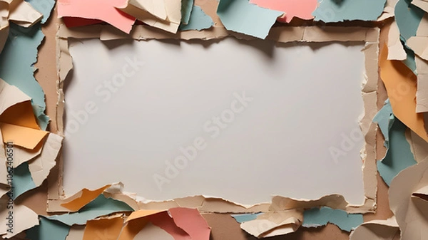 Fototapeta Colorful torn paper form a frame with a copyspace. AI generated image, ai. note paper paper