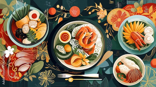 Fototapeta A vibrant table setting showcases Chae Roast Duck alongside Khanom Chan delicacies, adorned with colorful flowers and fruits, perfect for a special celebration