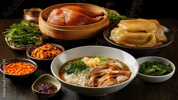 Fototapeta A vibrant collection of Chae Roast Duck, Khanom Chan High, and various side dishes arranged neatly on a rustic table. The colorful presentation showcases culinary artistry