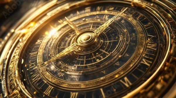 Fototapeta A close-up of an ornate golden compass with intricate details and a vintage aesthetic.