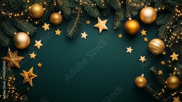 Fototapeta Christmas tree adorned with golden stars, festive ornaments on green backdrop. Holiday celebration scene.