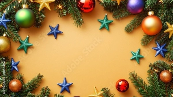 Obraz Festive Christmas wreath adorned with ornaments, ribbons, pine cones, and holly leaves, hanging on door.