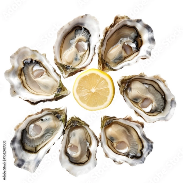 Fototapeta Several oysters with a touch of lemon garnish, isolated on white background