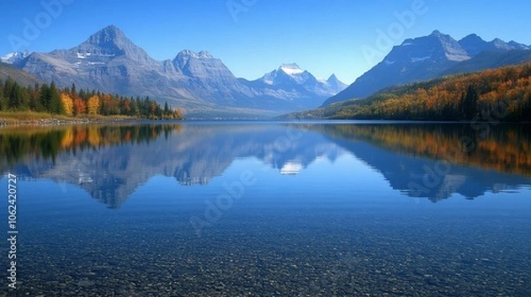 Fototapeta A serene lake with snow-capped mountains reflected in the crystal-clear water.