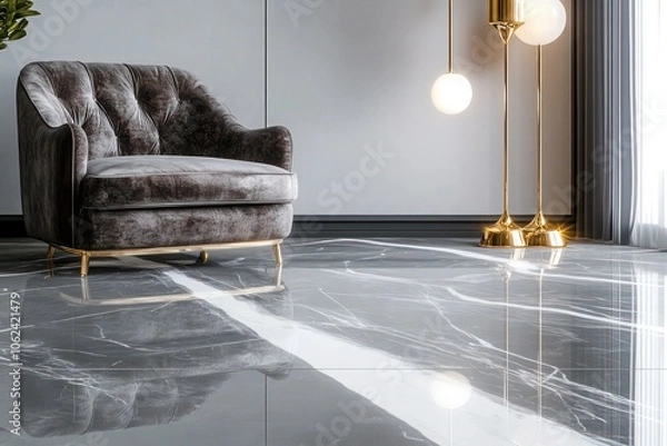 Obraz A polished grey marble floor with bold white streaks, matched with a plush velvet armchair and designer lighting.