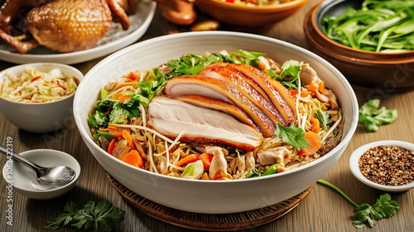 Fototapeta A warm bowl of Chae Roast Duck garnished with fresh herbs, alongside striped Khanom Chan and vegetables, invites diners to enjoy a flavorful meal at the restaurant