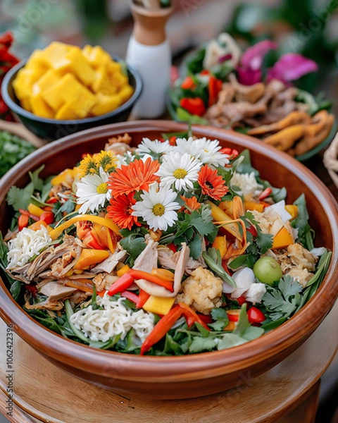 Fototapeta A vibrant salad bowl brimming with fresh vegetables, herbs, and duck, adorned with edible flowers, served at a lively event at Chae Roast Duck and Khanom Chan High