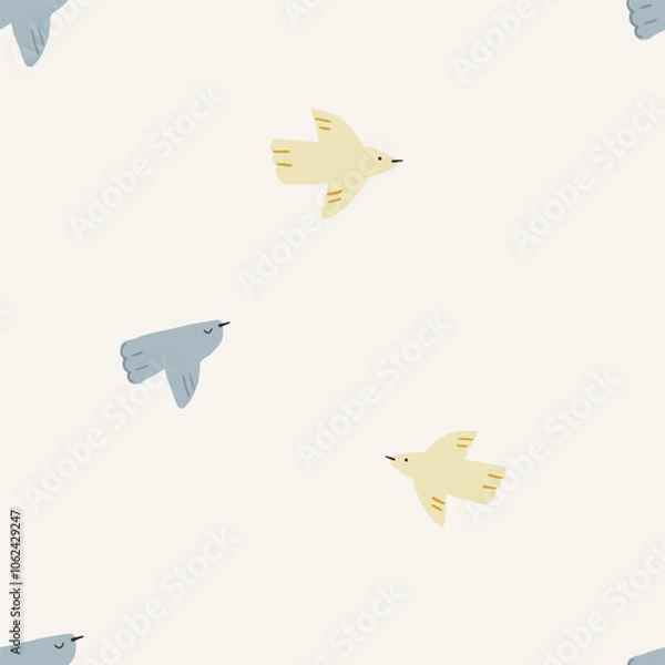Fototapeta Cute pattern background with hand drawn birds. Vector childish pattern. Trendy print for textiles, wallpaper and packaging. Perfect for holiday decorations.