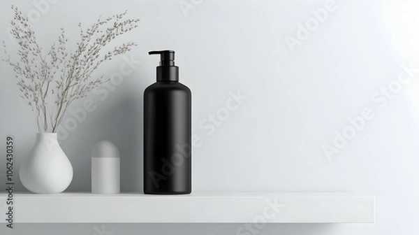 Fototapeta A sleek black pump dispenser bottle placed on a white surface with a small white container and dried floral decor in the background.