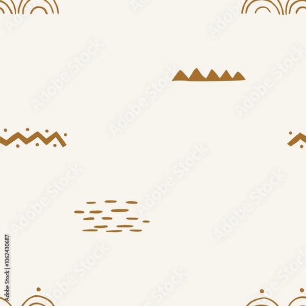 Fototapeta Cute seamless pattern background with hand drawn gold bohemian elements. Vector childish pattern.Nursery Boho print for textiles, wallpaper and packaging.Perfect for holiday decorations.