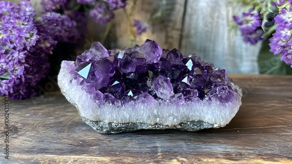 Fototapeta A cluster of dark purple amethyst crystals on a rustic wooden surface.
