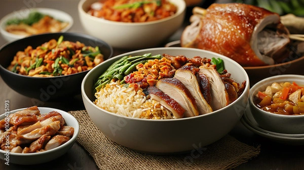 Fototapeta A delightful spread showcases Chae Roast Duck with fragrant rice, colorful vegetables, and various traditional dishes, inviting diners to savor rich flavors and textures