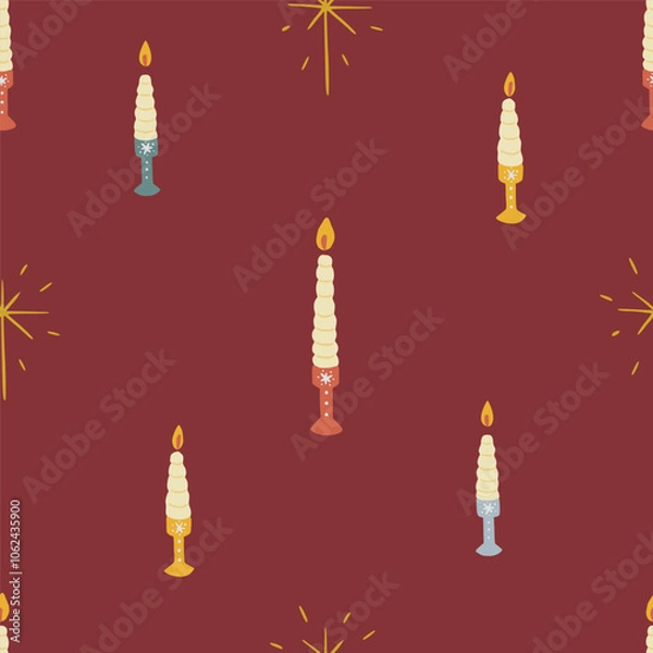 Fototapeta Christmas pattern background with cute hand drawn candles and stars. Vector seamless pattern. Trendy print for textiles, wallpaper and packaging. Perfect for holiday decorations.