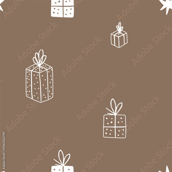 Fototapeta Cute seamless pattern background with hand drawn gift boxes. Vector monochrome pattern. Trendy print for textiles, wallpaper and packaging. Perfect for holiday decorations.