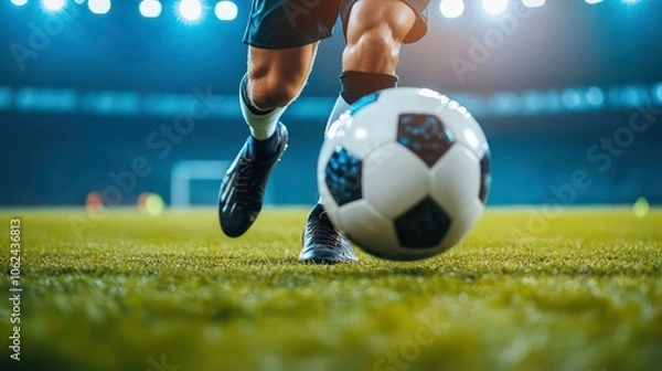 Fototapeta A soccer player is kicking a ball on a grassy field under a bright sky.