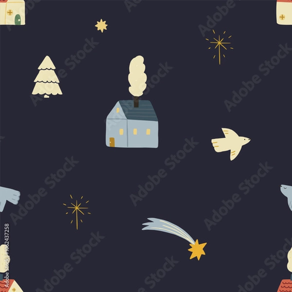 Fototapeta Christmas pattern background with cute hand drawn birds,stars and cozy houses. Vector seamless pattern. Trendy print for textiles, wallpaper and packaging. Perfect for holiday decorations.