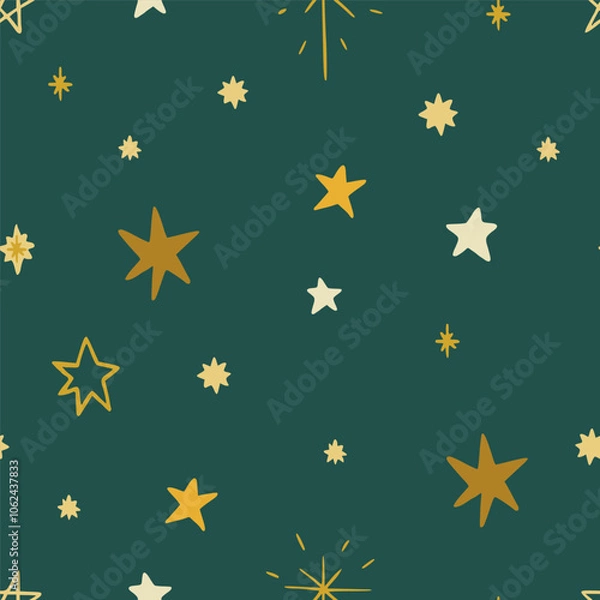 Fototapeta Christmas pattern background with cute hand drawn gold stars. Vector seamless pattern. Trendy print for textiles, wallpaper and packaging. Perfect for holiday decorations.