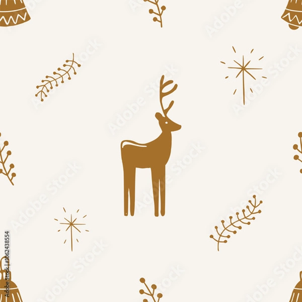 Fototapeta Christmas pattern background with cute hand drawn gold deer and Christmas decorations. Vector seamless pattern. Trendy print for textiles, wallpaper and packaging. Perfect for holiday decorations.