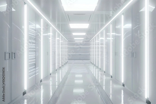 Fototapeta Modern data center hallway with sleek white walls and bright LED lighting