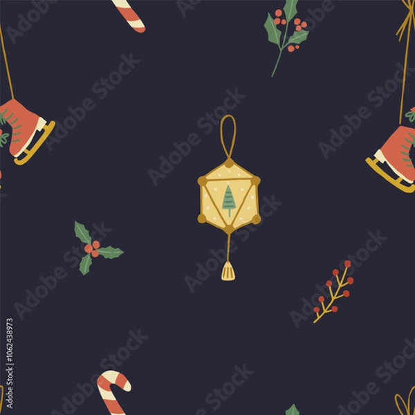 Fototapeta Christmas pattern background with hand drawn vintage Christmas decorations and ice skates Vector seamless pattern. Trendy print for textiles, wallpaper and packaging. Perfect for holiday decorations.