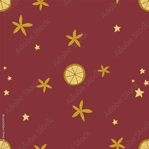 Fototapeta Christmas pattern background with cute hand drawn orange slices, stars and star anise. Vector mulled wine pattern. Trendy print for textiles, wallpaper and packaging. Perfect for holiday decorations.