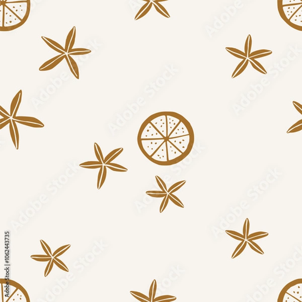 Fototapeta Christmas pattern background with cute hand drawn gold orange slices and star anise. Vector mulled wine pattern. Trendy winter print for wallpaper and packaging. Perfect for holiday decorations.
