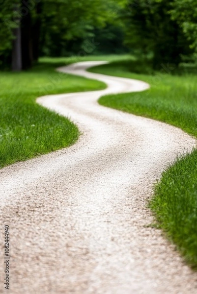 Fototapeta A gravel path in the middle of a lush green field