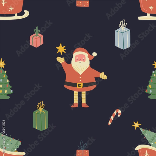 Fototapeta Seamless Pattern background with cute hand drawn Santa Claus, sleigh with a Christmas tree, gift boxes, candy canes.Trendy print for textiles, wallpaper and packaging. Perfect for holiday decorations