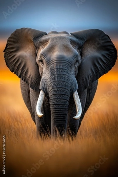 Fototapeta A large elephant standing in a field of tall grass