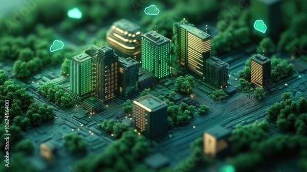 Fototapeta A futuristic city with green trees and buildings, connected by a network of glowing lines, representing the internet of things.
