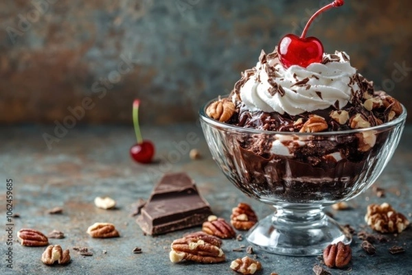 Fototapeta A decadent chocolate sundae topped with whipped cream, nuts, and a cherry, served in a vintage glass bowl.