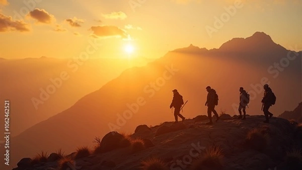 Fototapeta Friends enjoy a breathtaking sunset hike together on a mountain range in the golden hour