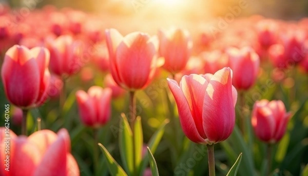 Obraz Beautiful field of pink tulips under sunrise light, symbolizing spring and Easter celebration