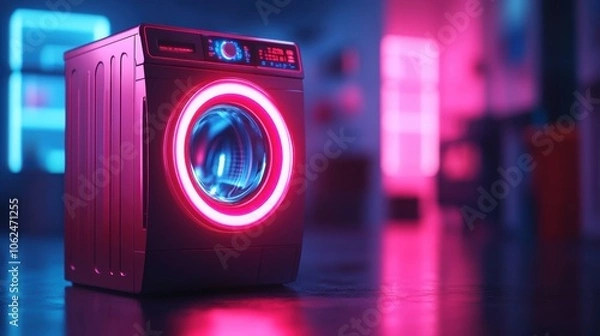 Fototapeta Modern washing machine with neon lights in a futuristic room. Home appliance and technology concept.