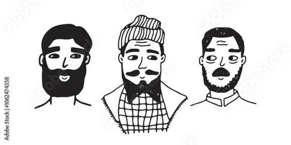 Obraz Trendy line black white men faces or heads drawings. Vector set of illustrations of adult people with mustache and beard on white background