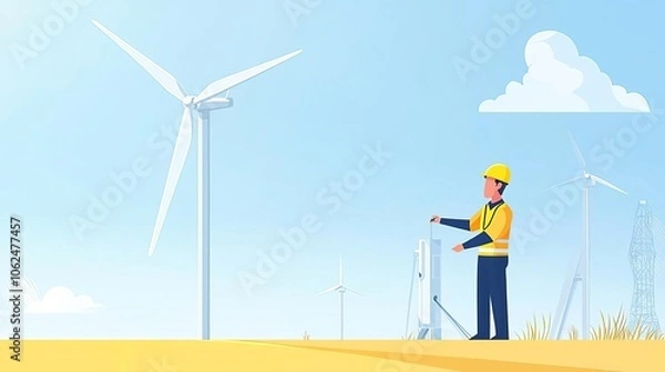 Obraz Energy Engineer Energy engineer setting up wind turbine parameters, renewable focus, no face, flat design illustration