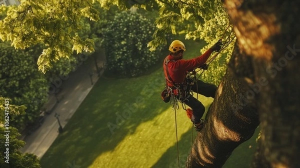 Obraz Photo of gardener in protective gear climbing a tree with a rope to assess branches for pruning.