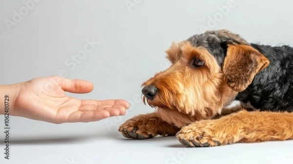 Fototapeta Welsh terrier dog looking at owner's hand during training session