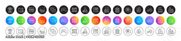 Fototapeta Gamepad, Calendar and Sale line icons. Round icon gradient buttons. Pack of Hot offer, Santa boots, Baggage icon. Fastpass, Delivery, Shopping bag pictogram. World globe, Puzzle game, Buyer. Vector