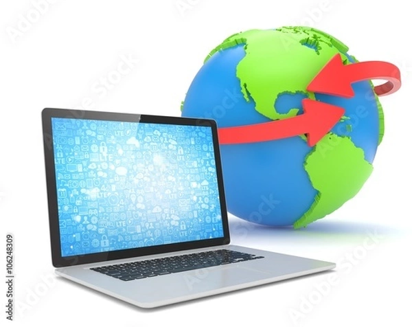 Fototapeta Laptop network and earth globe. 3d render
