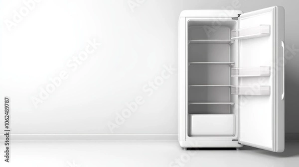 Obraz An open white refrigerator stands in a minimalist room with a plain white background. The fridge's empty shelves emphasize simplicity and potential for storing needs creatively.