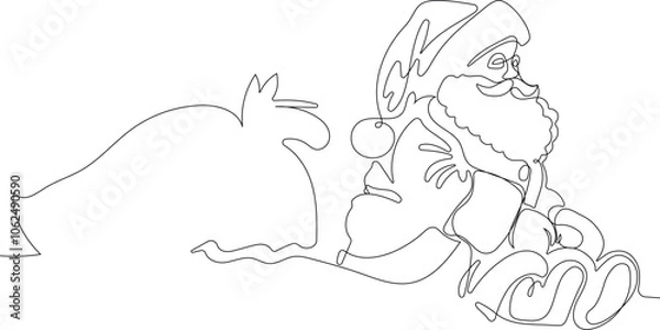 Obraz Outlined Cute Santa Claus Cartoon Character With A Sack Full Of Gifts. Vector Hand Drawn Illustration. One continuous line drawing Santa Claus on reindeer and sled. concept for Christmas and New Year
