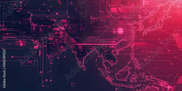 Fototapeta Red-toned digital map of Asia representing technology and cyber dynamics, symbolizing global tech landscape High quality